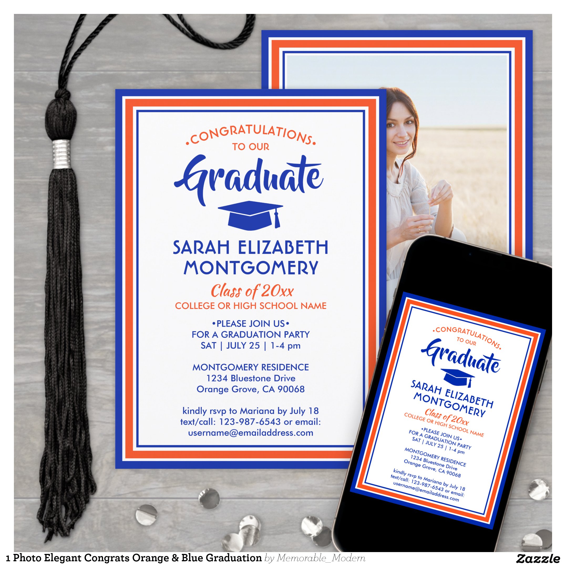 1 Photo Elegant Congrats Orange & Blue Graduation Invitation