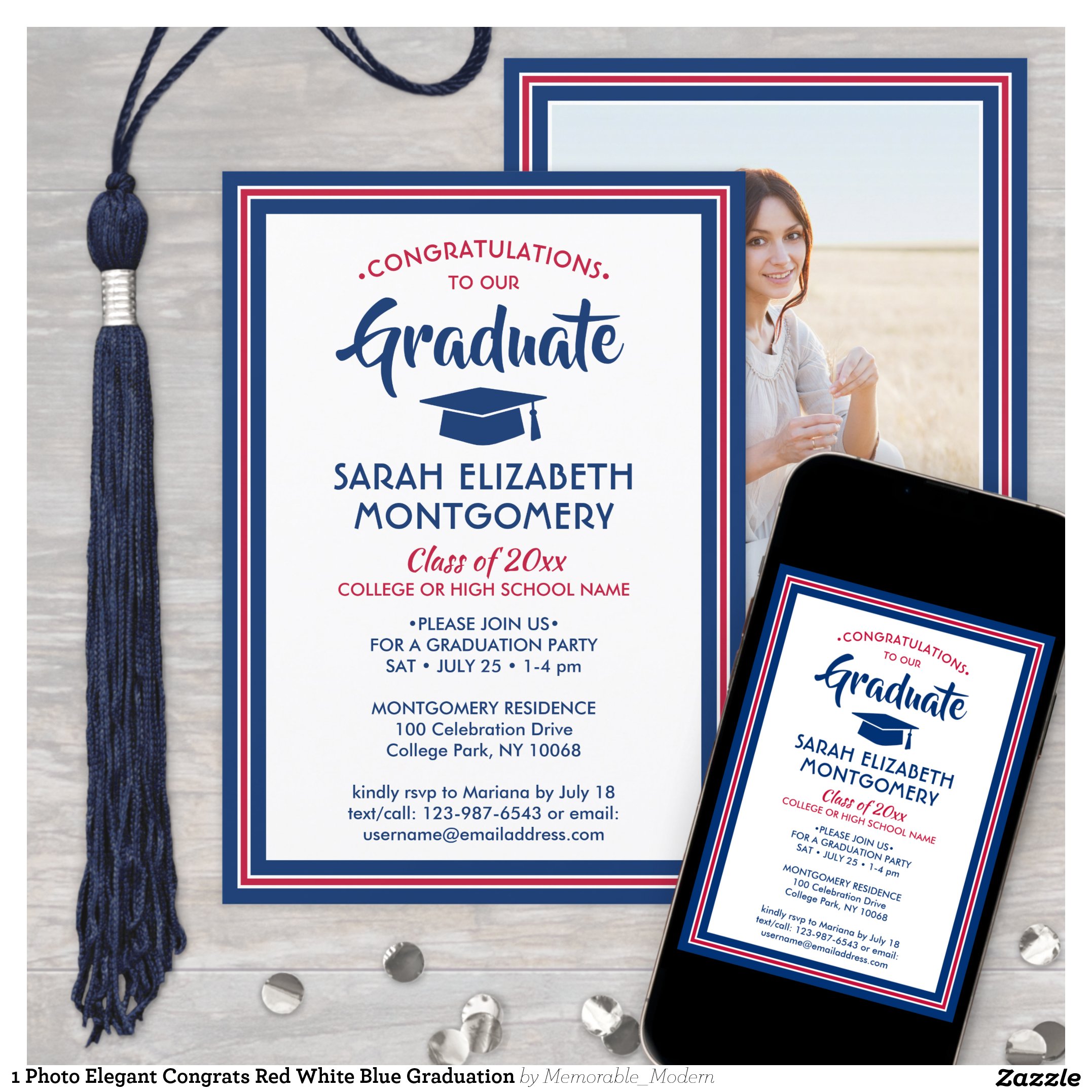 1 Photo Elegant Congrats Red White Blue Graduation Invitation