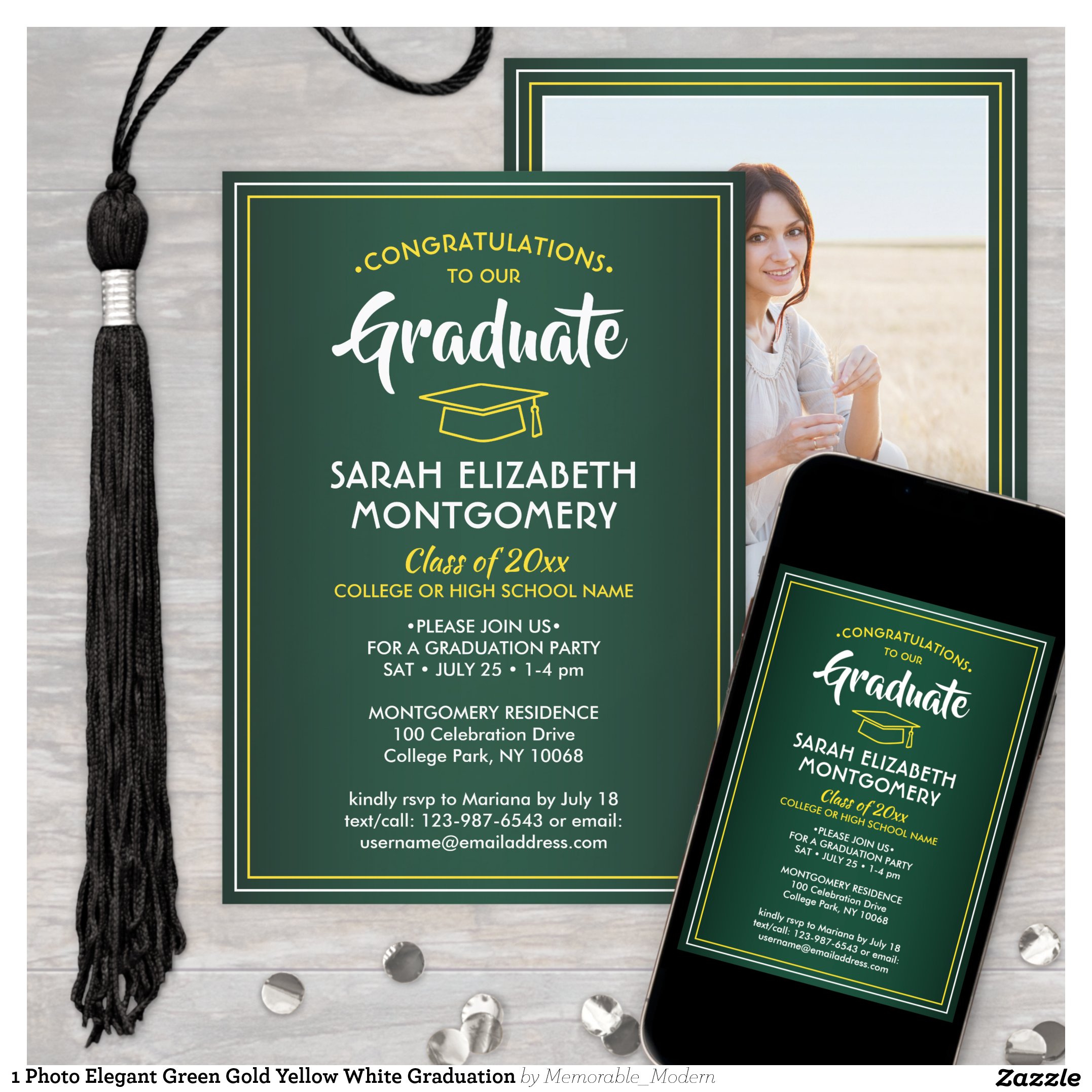 1 Photo Elegant Green Gold Yellow White Graduation Invitation
