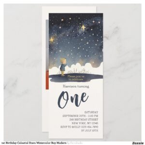 1st Birthday Celestial Stars Watercolor Boy Modern Invitation