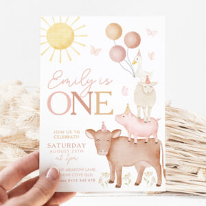 1st Birthday Farm Animals Barnyard Party Girls Invitation