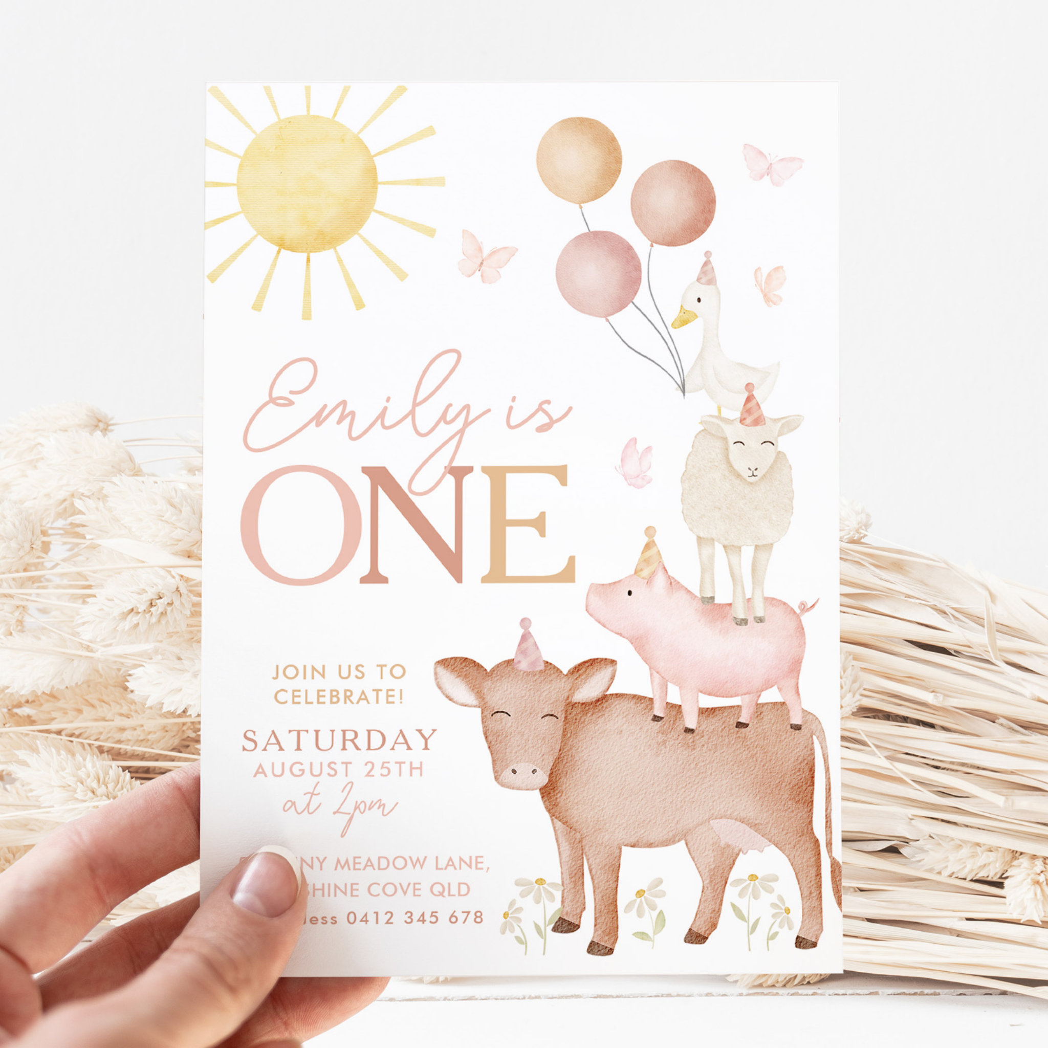 1st Birthday Farm Animals Barnyard Party Girls Invitation