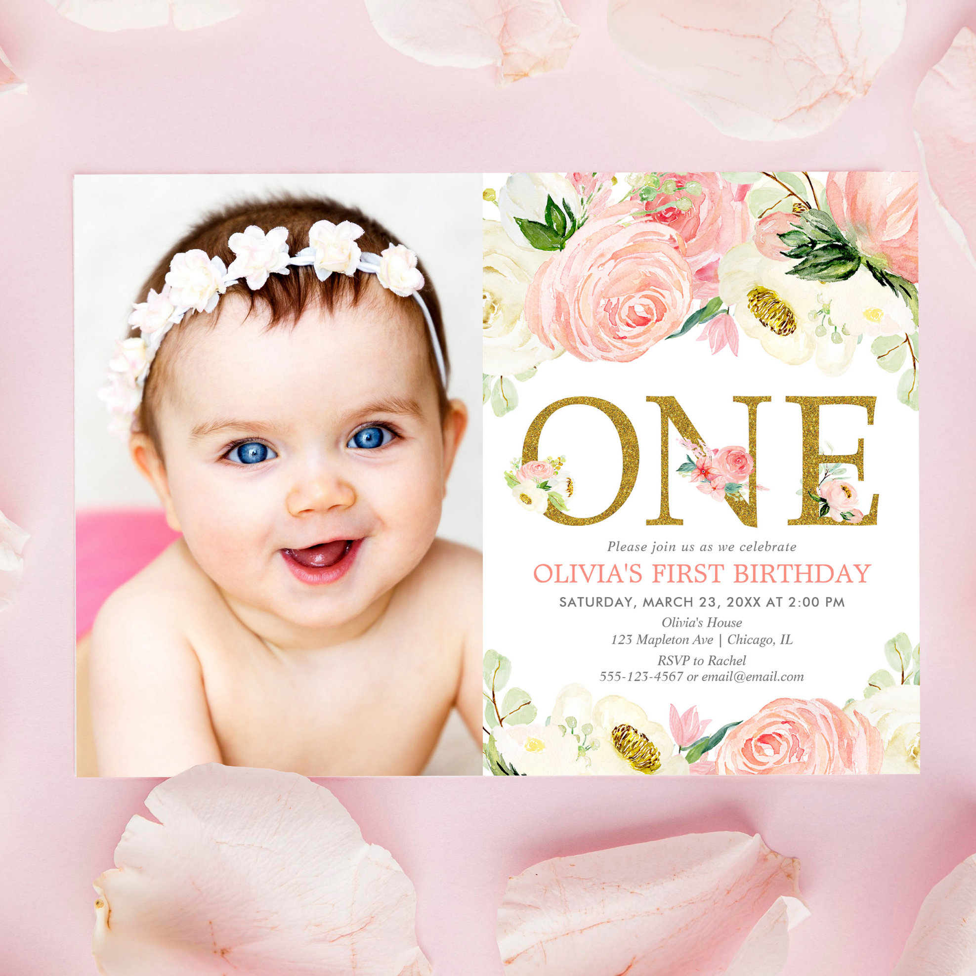 1st birthday girl, blush pink gold floral photo invitation