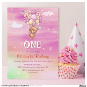 1st Birthday Pink Balloons Teddy Bear Invitation
