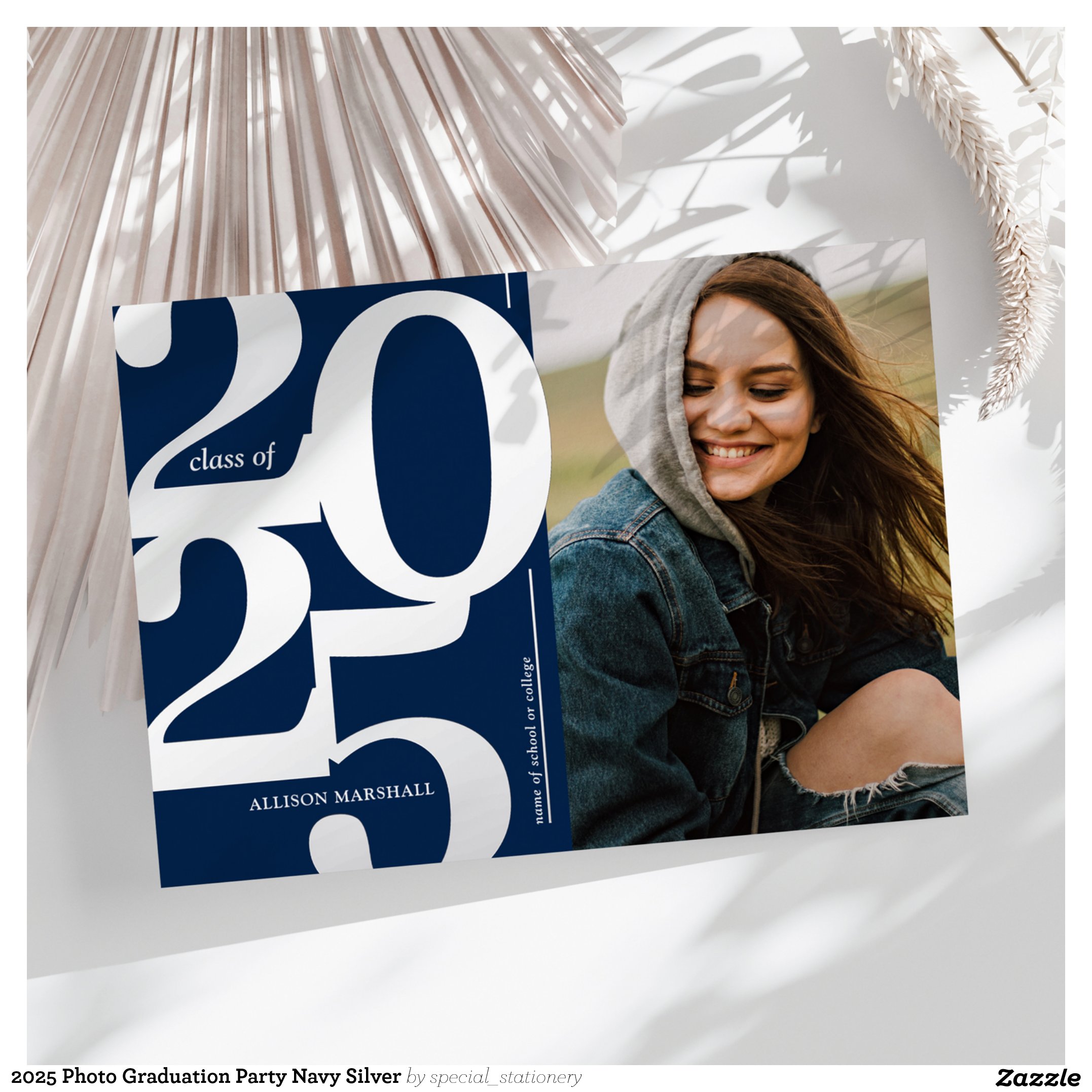 2025 Photo Graduation Party Navy Silver Foil Invitation
