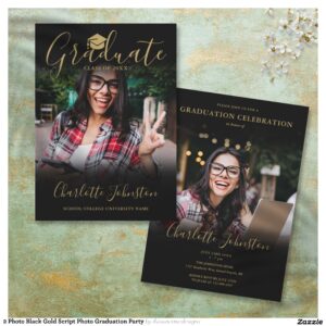 2 Photo Black Gold Script Photo Graduation Party Invitation