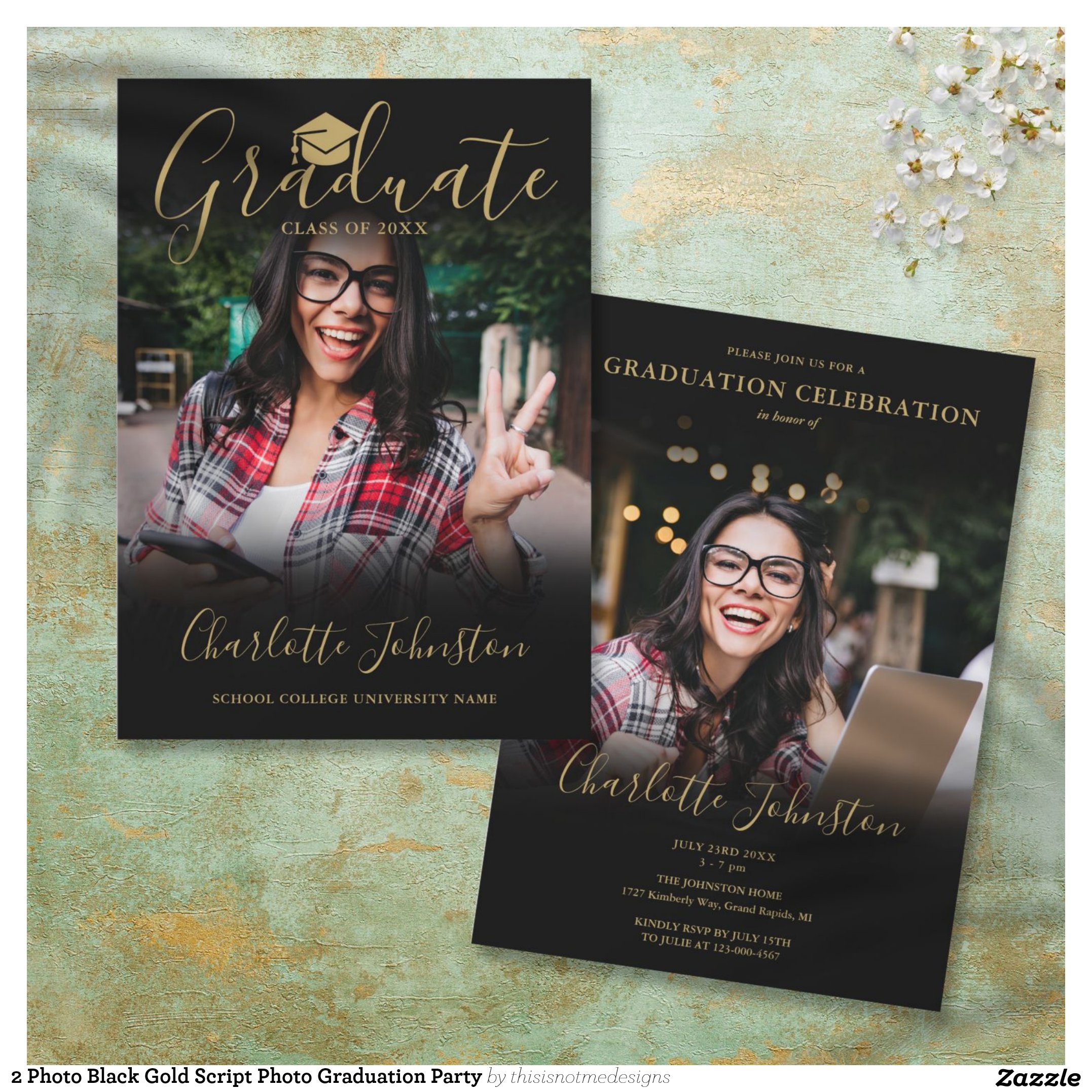 2 Photo Black Gold Script Photo Graduation Party Invitation