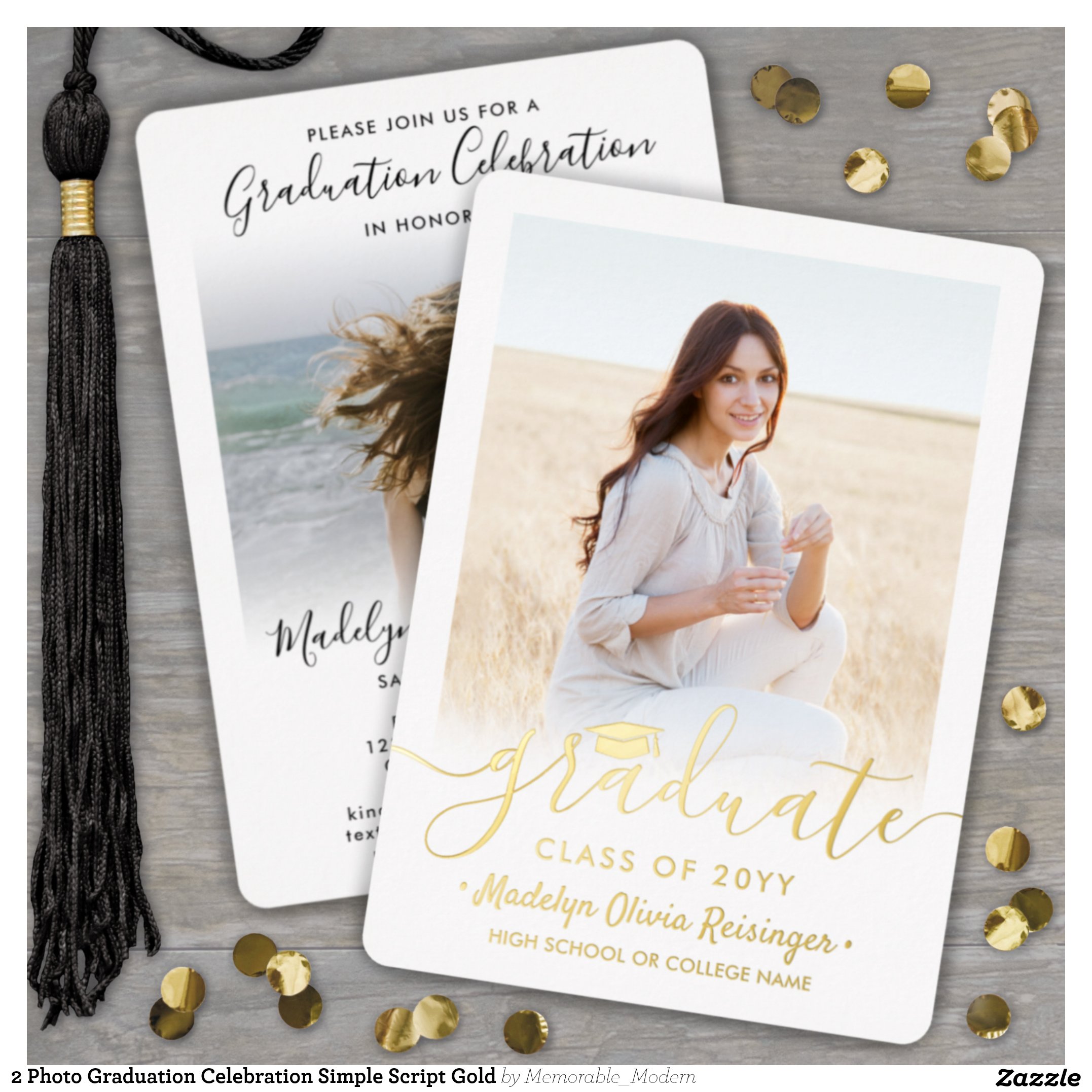 2 Photo Graduation Celebration Simple Script Gold Foil Invitation