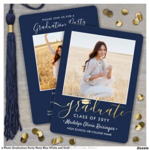 2 Photo Graduation Party Navy Blue White and Gold Foil Invitation
