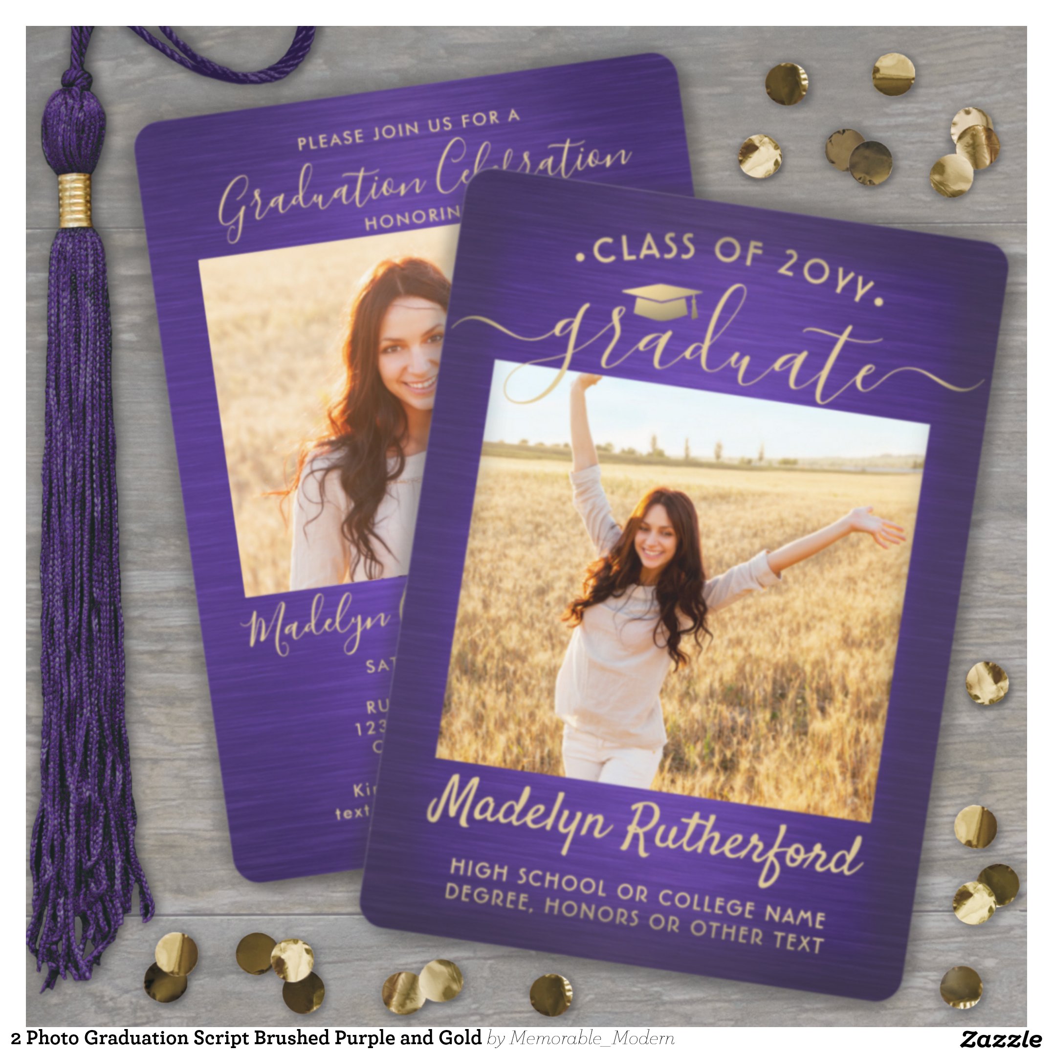 2 Photo Graduation Script Brushed Purple and Gold Invitation