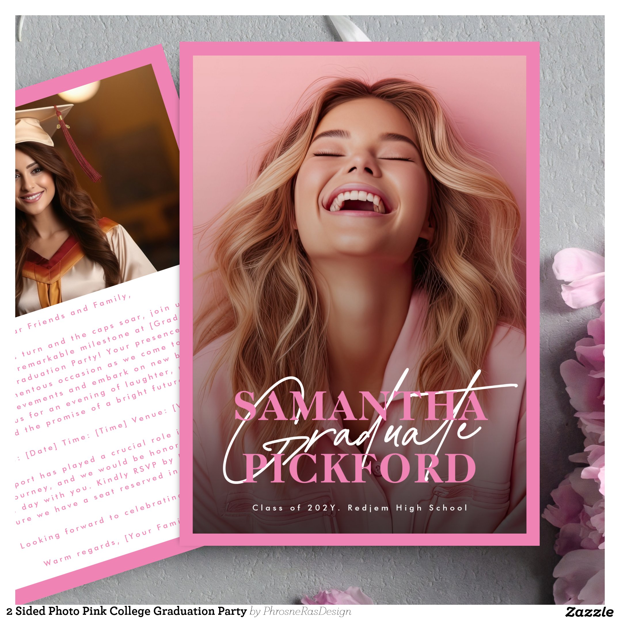 2 Sided Photo Pink College Graduation Party Invitation