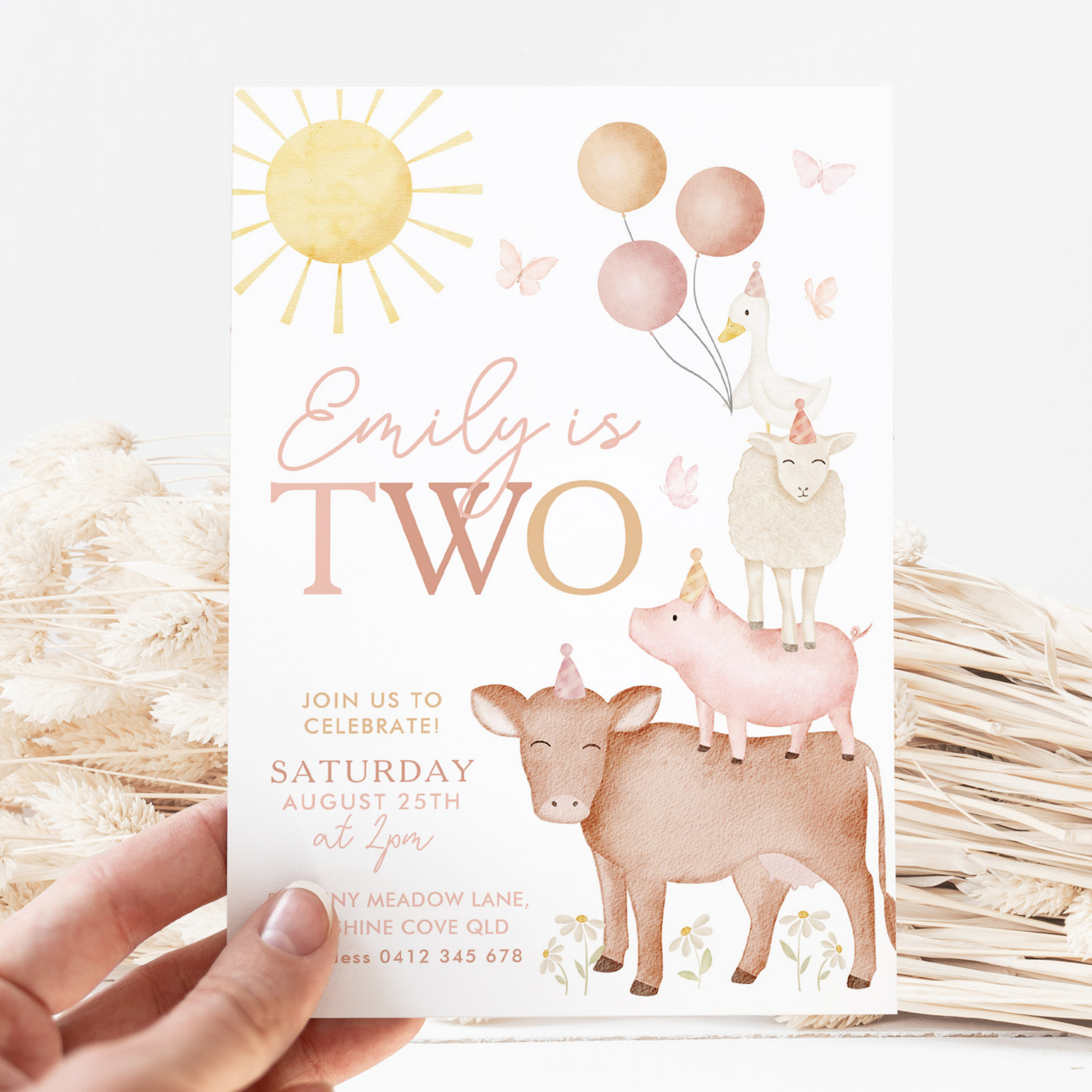 2nd Birthday Farm Animals Barnyard Party Girls Invitation