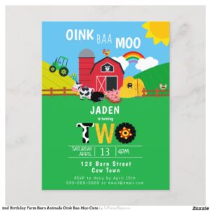 2nd Birthday Farm Barn Animals Oink Baa Moo Cute Invitation Postcard