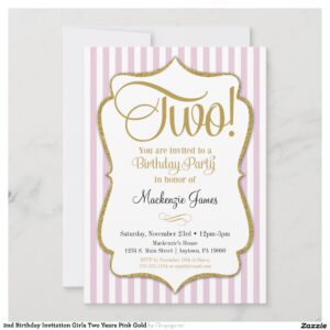 2nd Birthday Invitation Girls Two Years Pink Gold