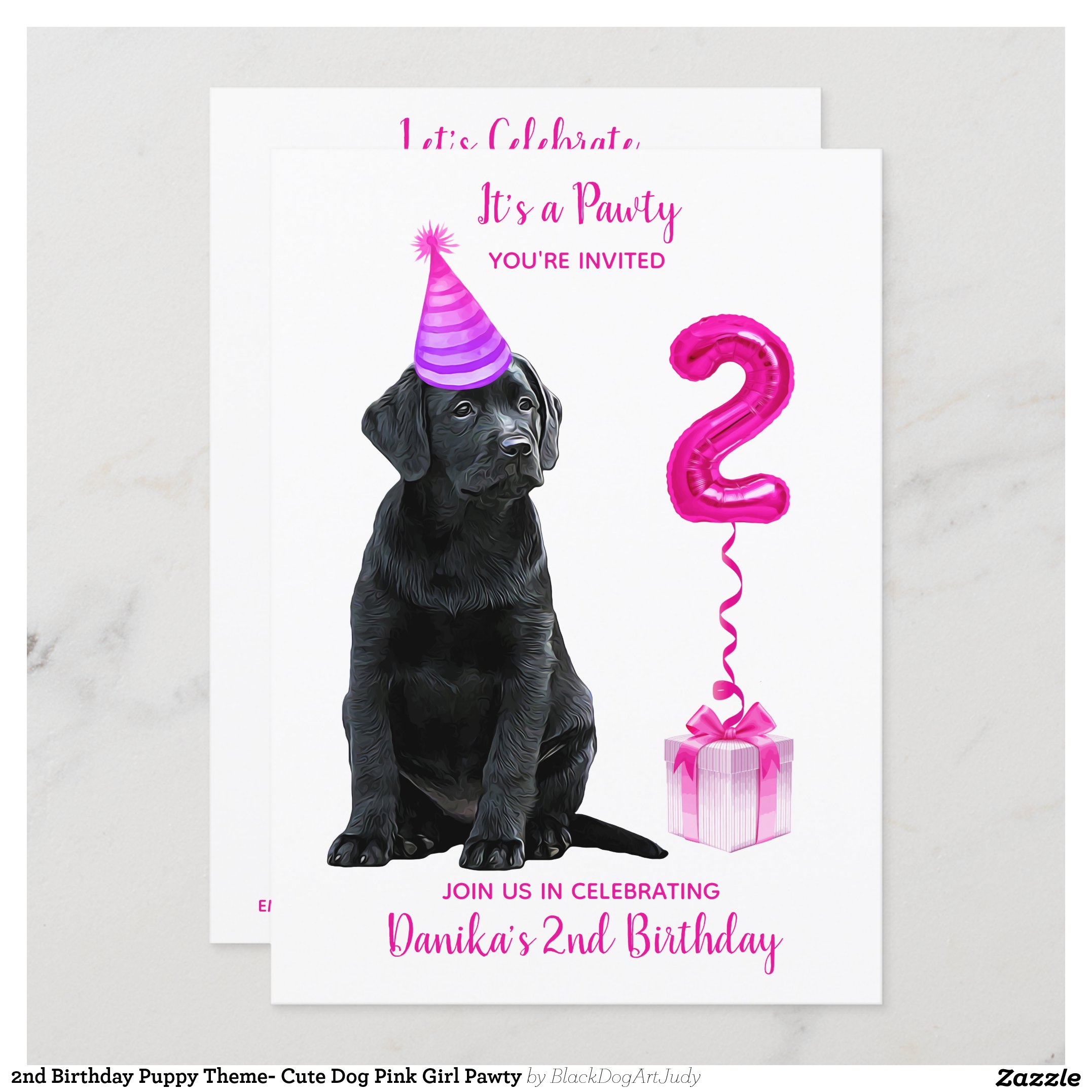 2nd Birthday Puppy Theme- Cute Dog Pink Girl Pawty Invitation