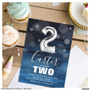 2nd Birthday Silver Balloon Blue Party Invitation