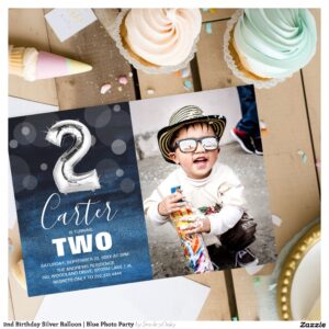 2nd Birthday Silver Balloon Blue Photo Party Invitation