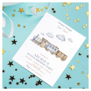 2nd Boy Birthday Party Train Watercolor TWO TWO Invitation