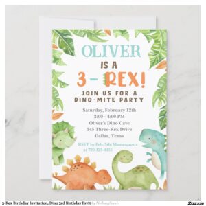 3-Rex Birthday Invitation, Dino 3rd Birthday Invit Invitation