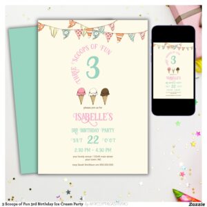 3 Scoops of Fun 3rd Birthday Ice Cream Party Invitation