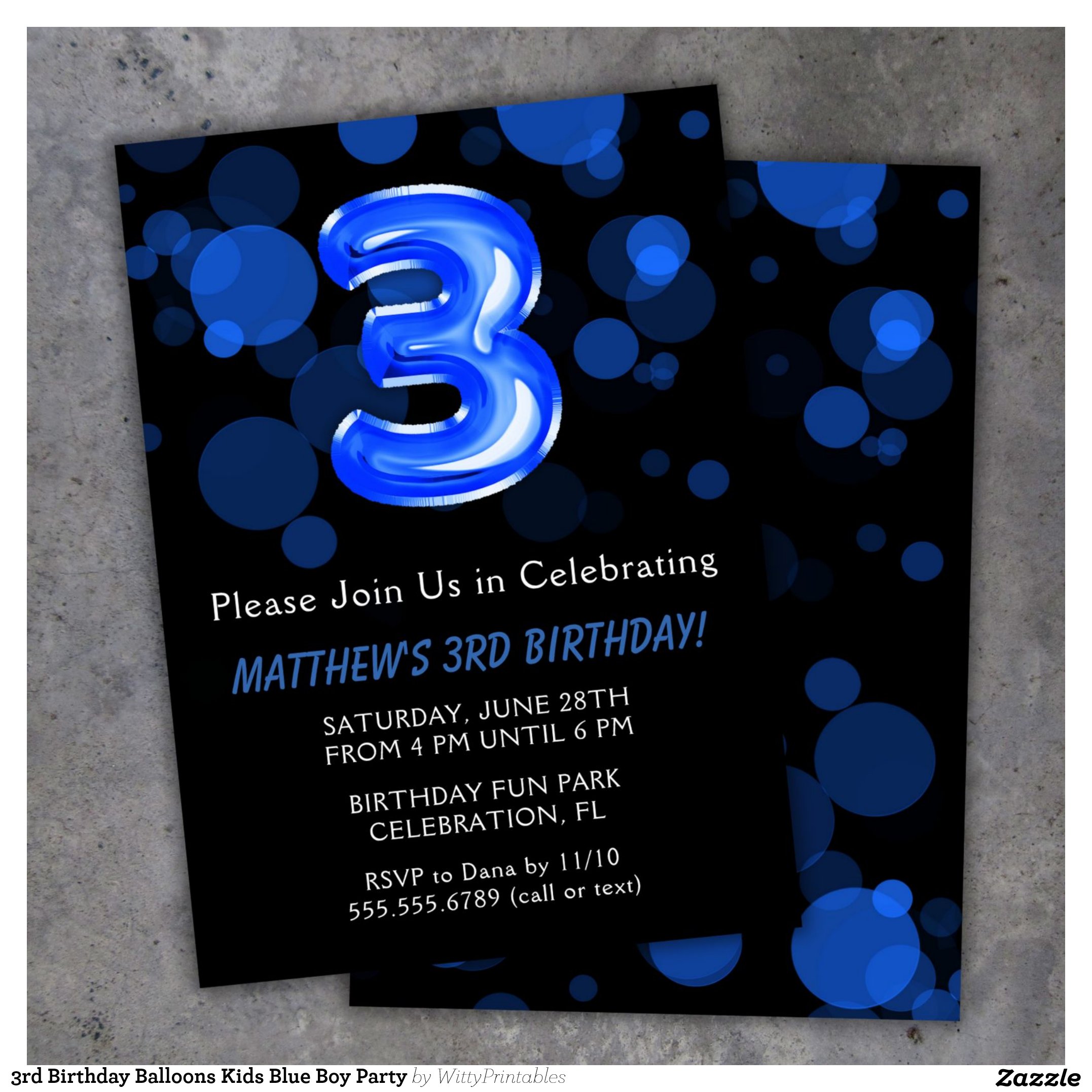 3rd Birthday Balloons Kids Blue Boy Party Invitation