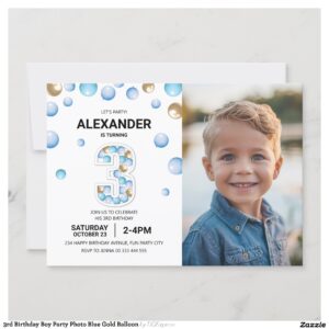 3rd Birthday Boy Party Photo Blue Gold Balloon Invitation