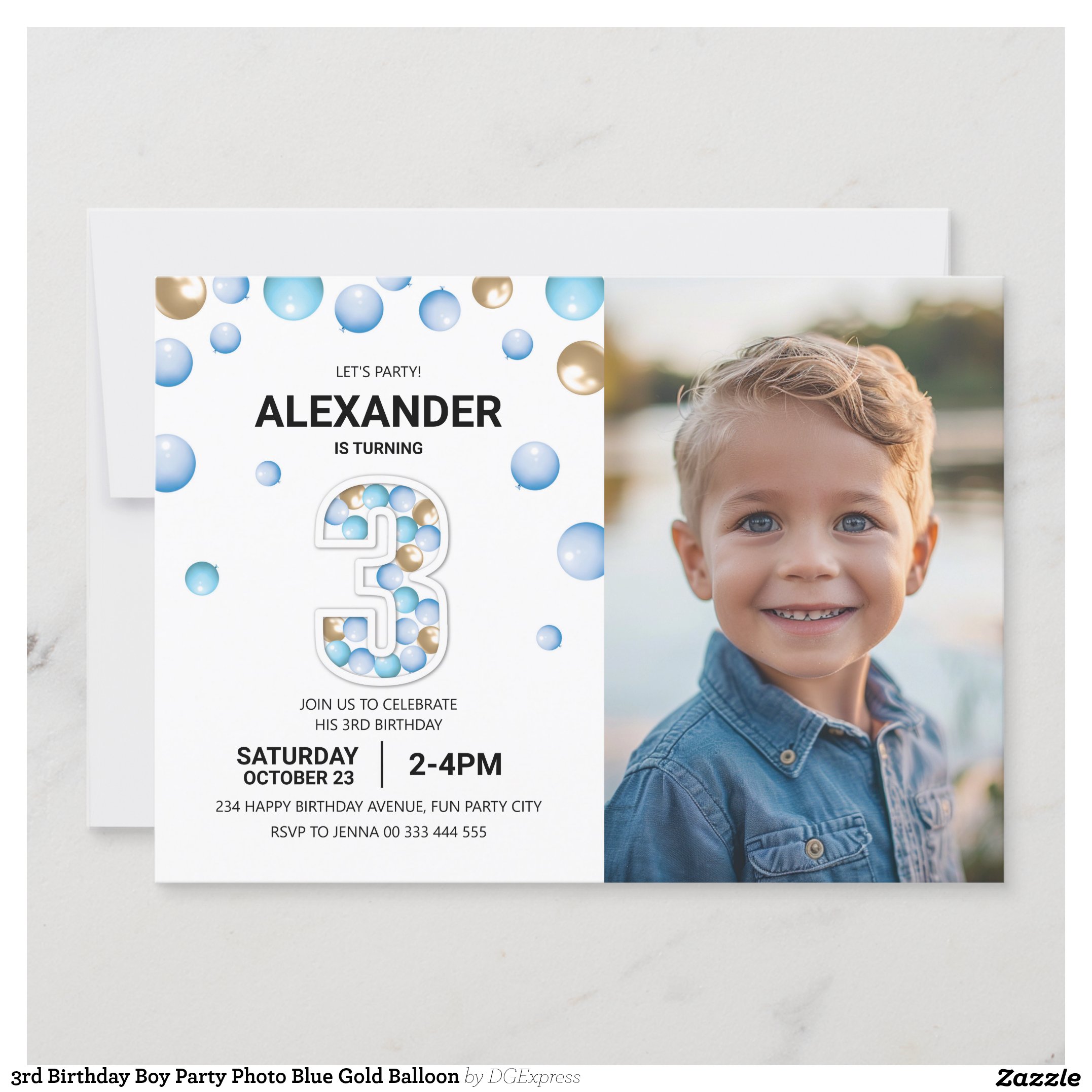 3rd Birthday Boy Party Photo Blue Gold Balloon Invitation