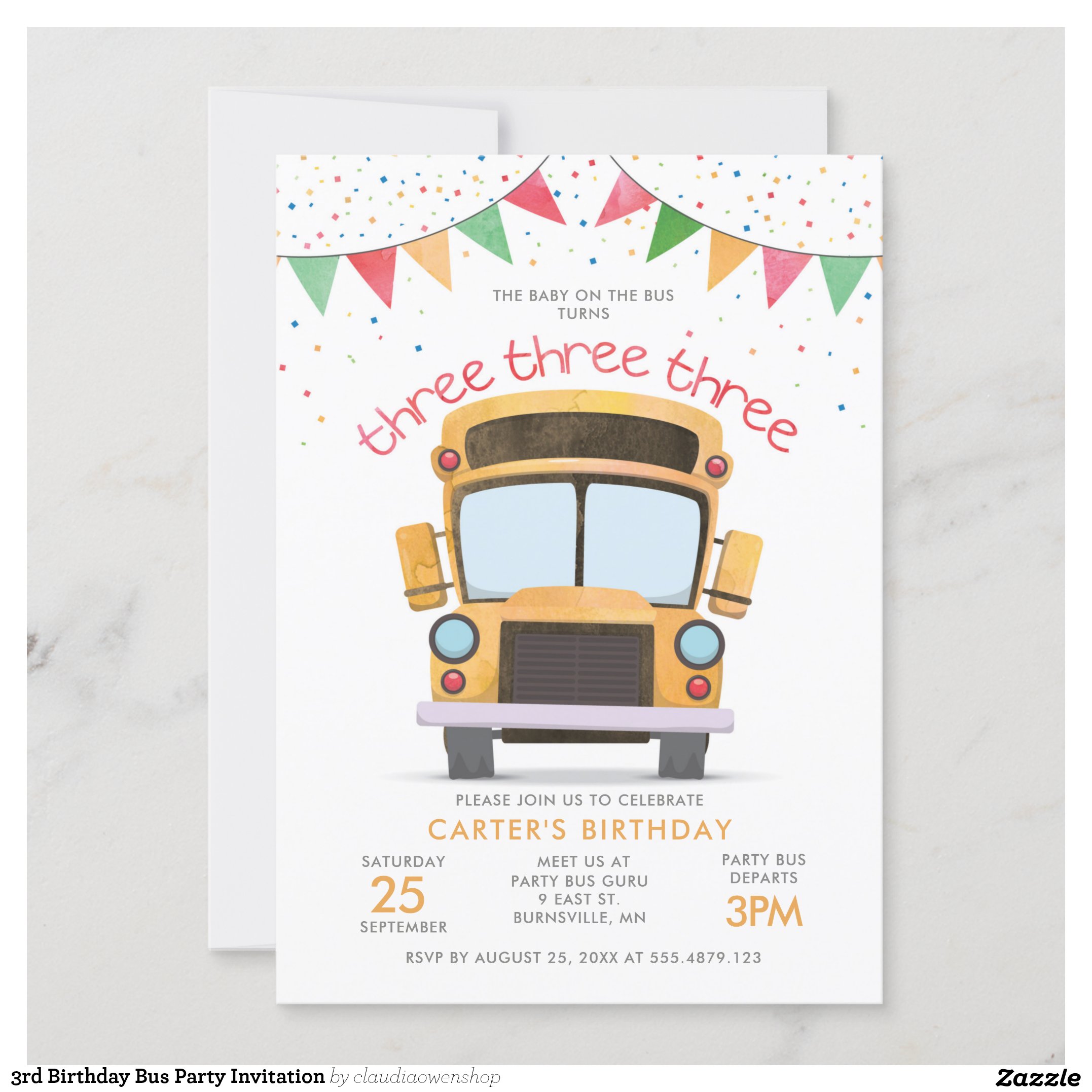3rd Birthday Bus Party Invitation
