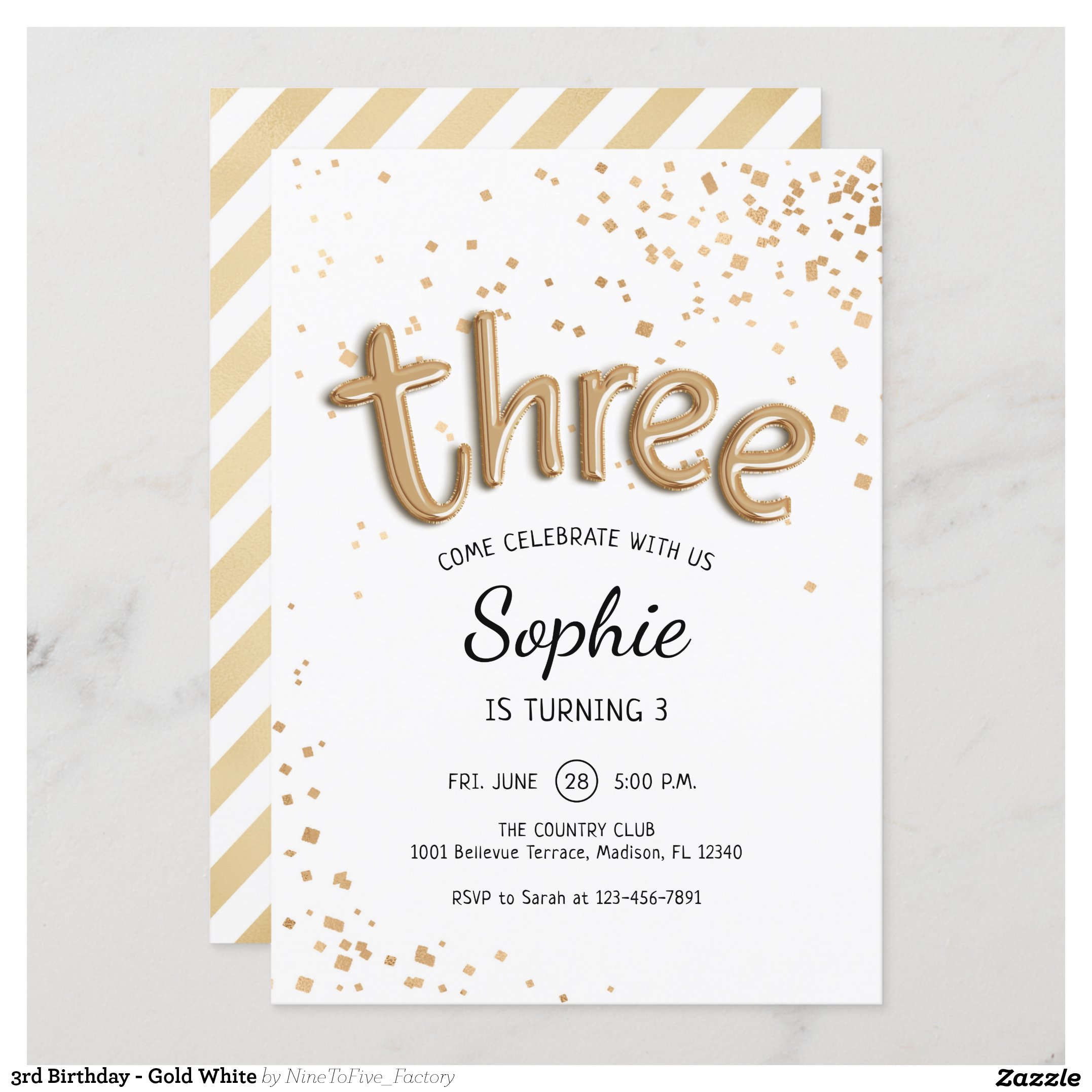 3rd Birthday - Gold White Invitation