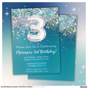 3rd Birthday Invitation Teal Silver Glitter