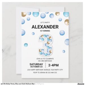 3rd Birthday Party, Blue and Gold Balloon Boy Invitation