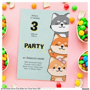 3rd Birthday Party Cute Shiba Inu Three Years Old Invitation