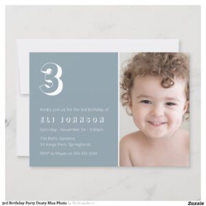 3rd Birthday Party Dusty Blue Photo Invitation