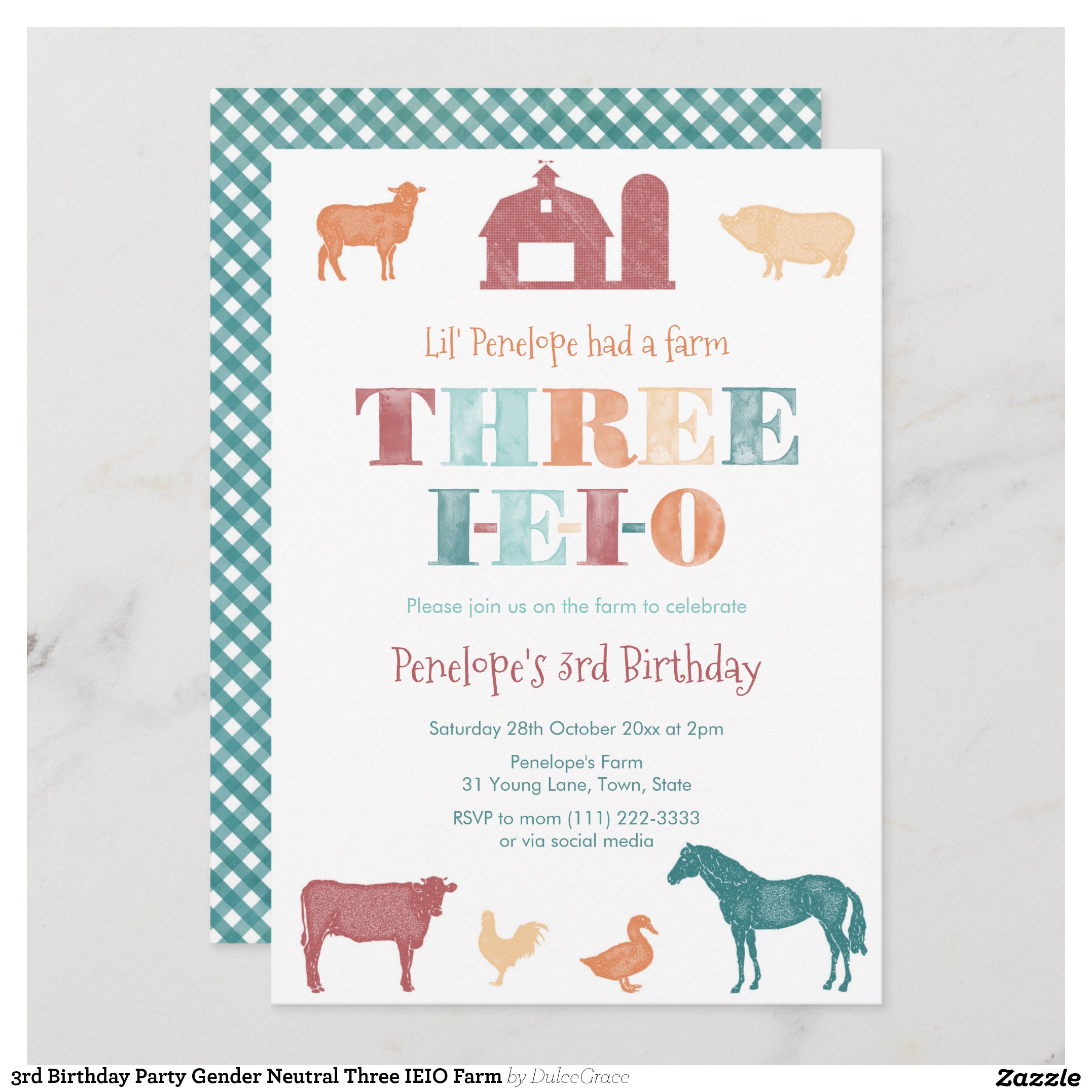 3rd Birthday Party Gender Neutral Three IEIO Farm Invitation