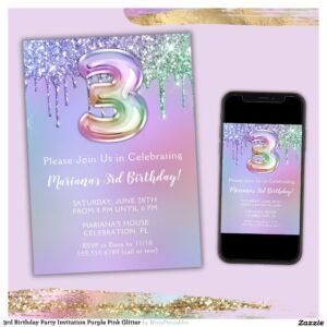 3rd Birthday Party Invitation Purple Pink Glitter