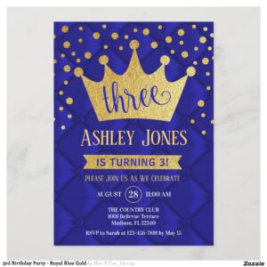 3rd Birthday Party - Royal Blue Gold Invitation
