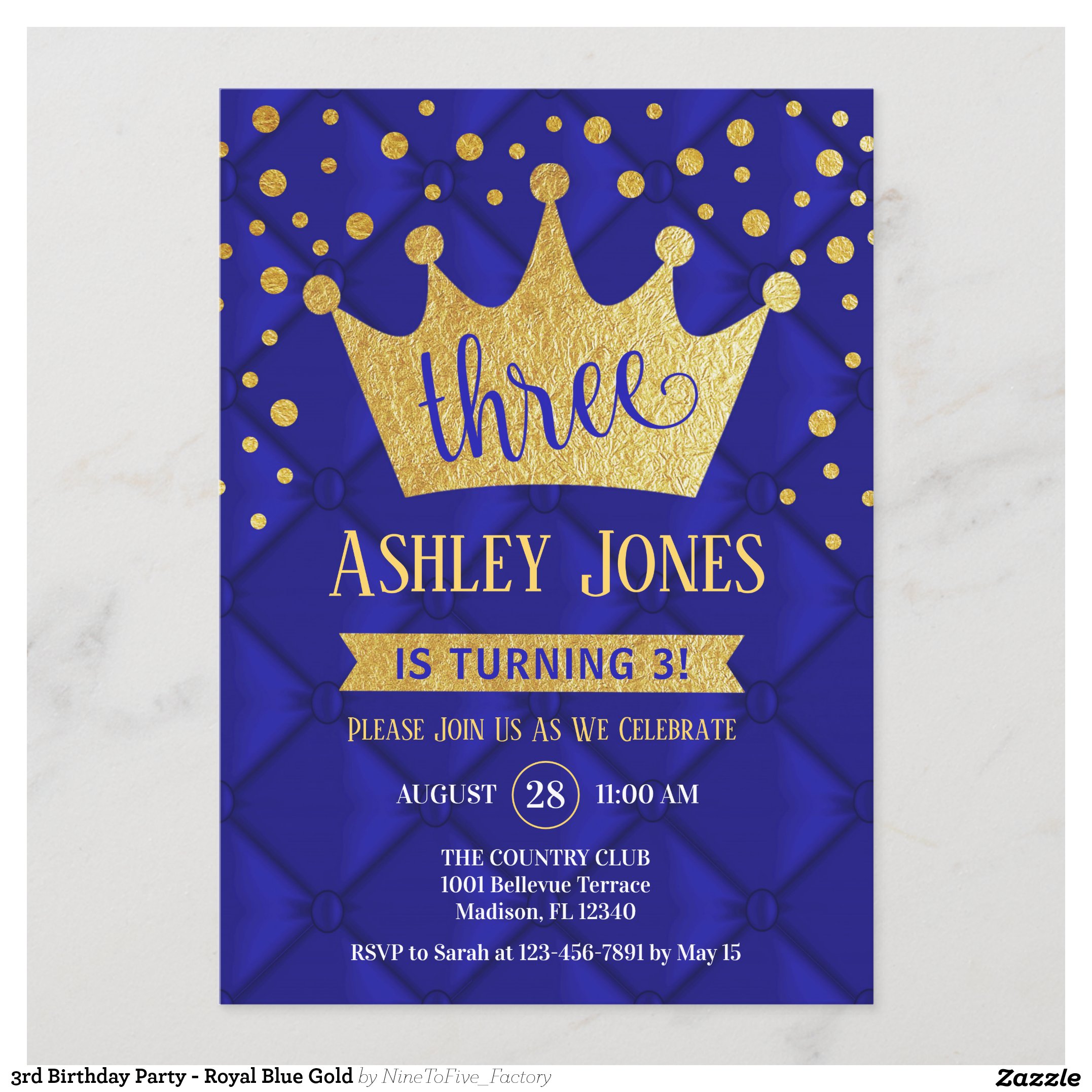 3rd Birthday Party - Royal Blue Gold Invitation
