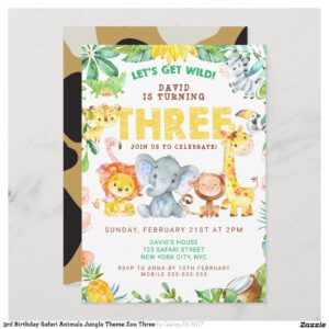 3rd Birthday Safari Animals Jungle Theme Zoo Three Invitation