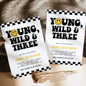 3rd Birthday Smiley Face Bolt, Young, Wild & Three Invitation