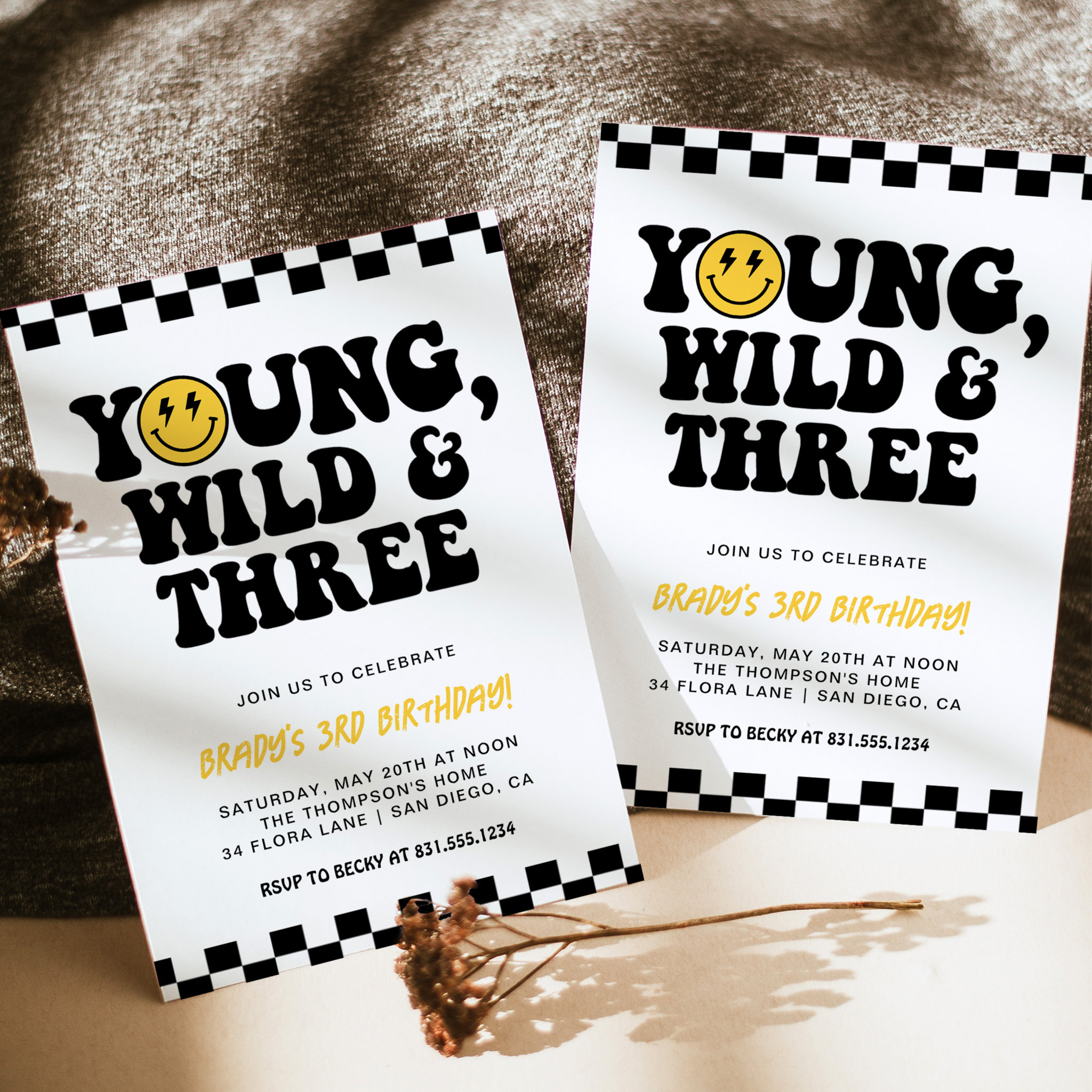 3rd Birthday Smiley Face Bolt, Young, Wild & Three Invitation