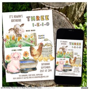 3rd Birthday Three I-E-I-O Boys Farm Animal Theme Invitation