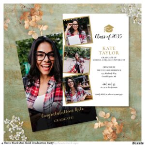 4 Photo Black And Gold Graduation Party Invitation