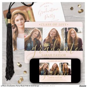 4 Photo Graduation Party Blush Pink & Gold Script Invitation