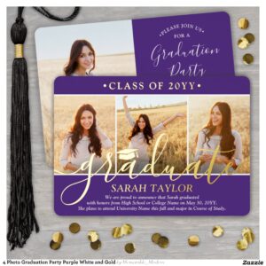 4 Photo Graduation Party Purple White and Gold Foil Invitation