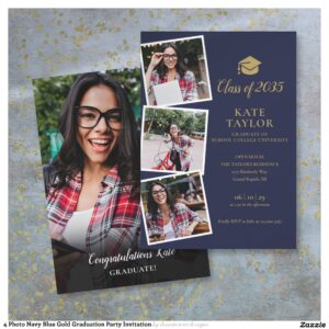 4 Photo Navy Blue Gold Graduation Party Invitation