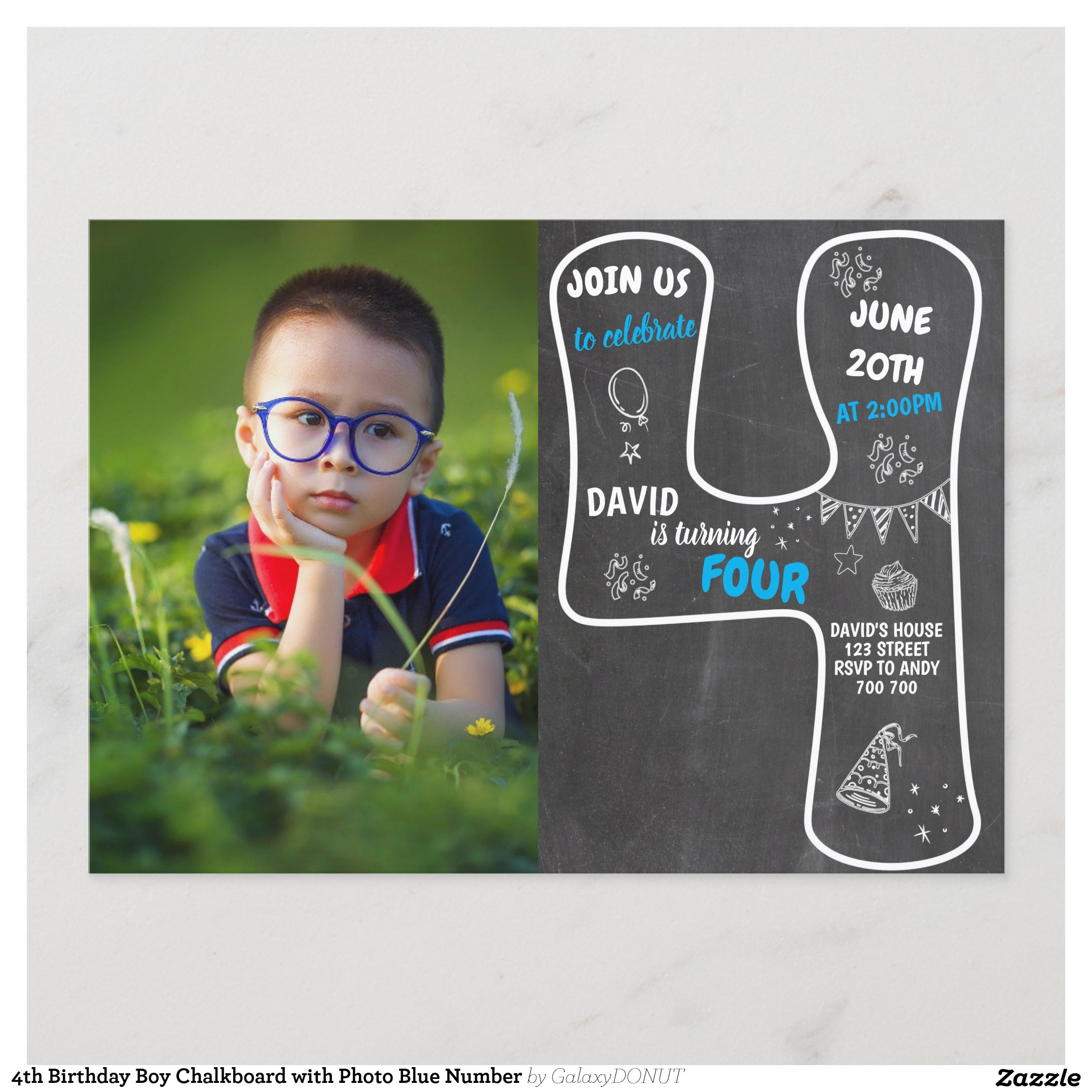 4th Birthday Boy Chalkboard with Photo Blue Number Invitation
