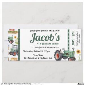 4th Birthday Get Your Tractor Ticket Boy Invitation