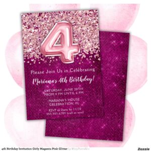 4th Birthday Invitation Girly Magenta Pink Glitter