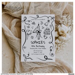 4th Birthday Invitation, Hand Drawn 4th Birthday Invitation