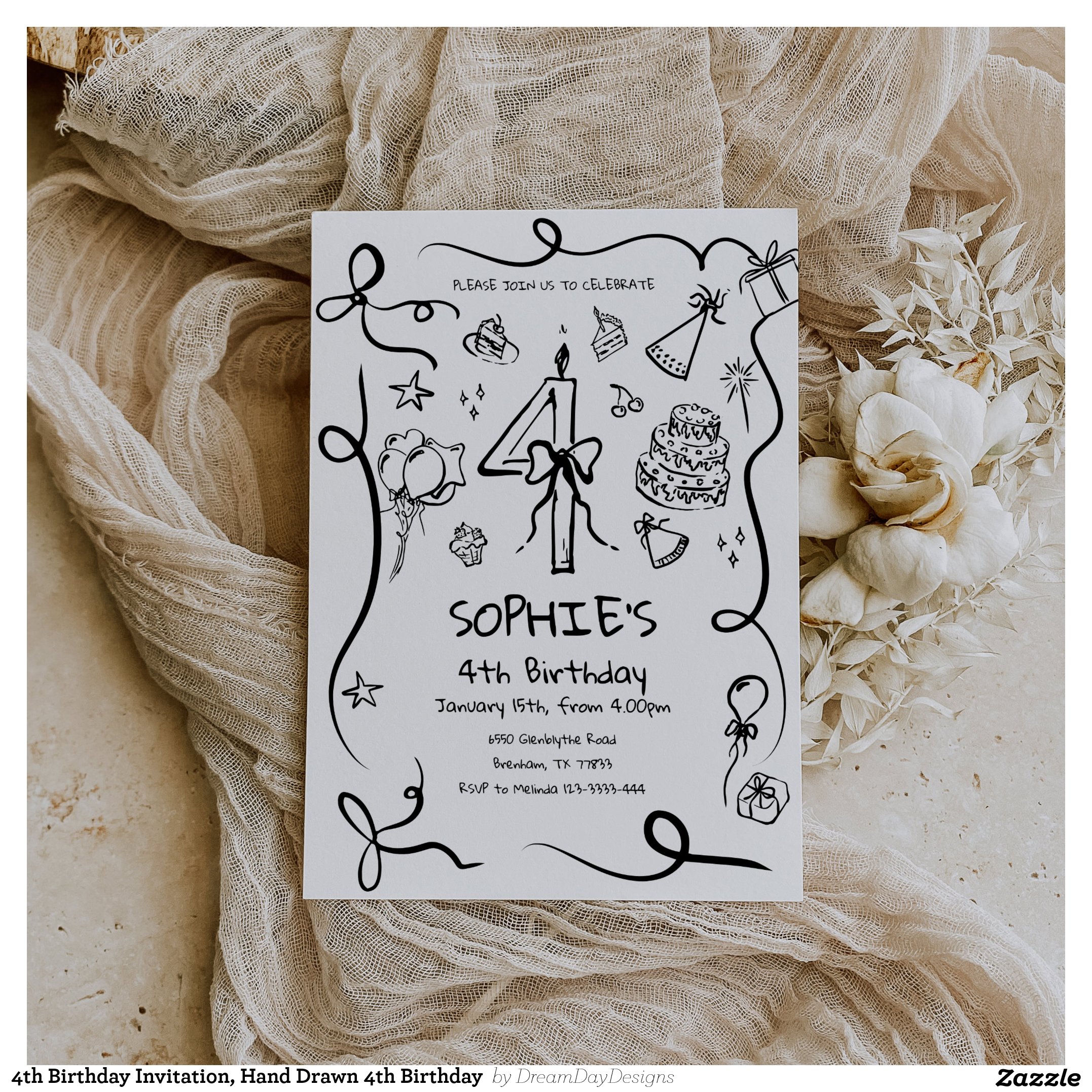 4th Birthday Invitation, Hand Drawn 4th Birthday Invitation